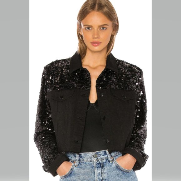 J Brand Cyra Black Sequin Crop Jean Jacket Size S NWT